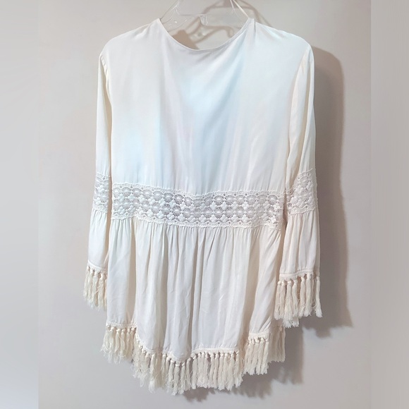 Entro Kimono cream embroidered panels & fringe on hem & sleeves NWOT Lg. - Picture 2 of 2